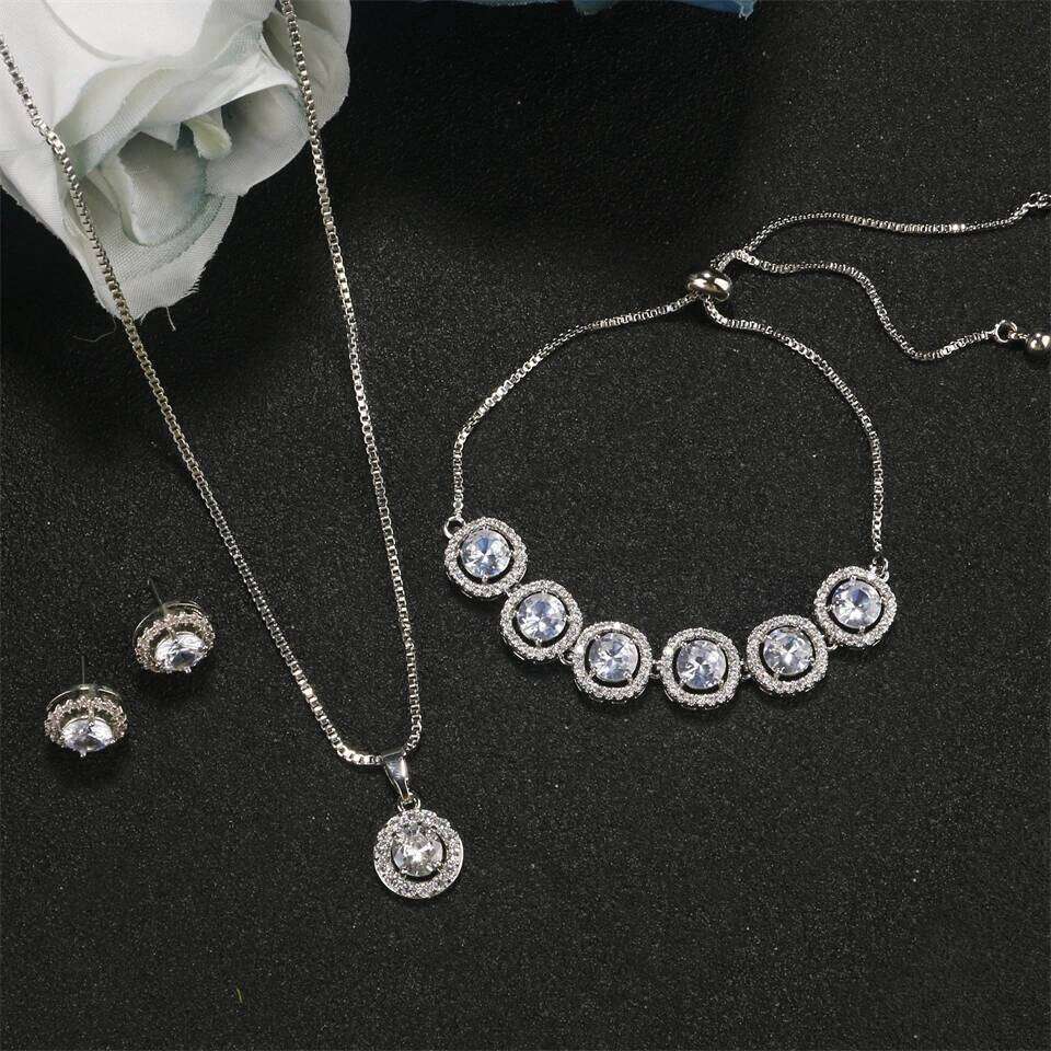 ZAKOL 3 Pcs Jewelry Set for Women Bridal Clear Round AAA Zircon Earrings Bracelet Necklace Sets With Gift Box