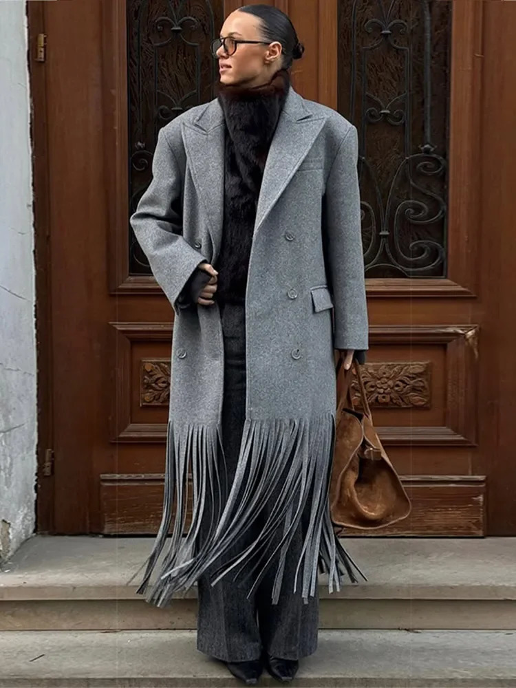 Grey Tassel Hem Woolen Blend Overcoat Women Elegant Lapel Double Breasted Full Sleeve Warm Loose Long Coat 2025 Commute Outwear 251216