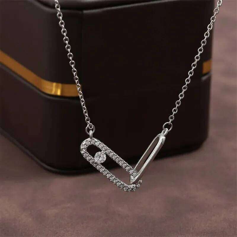Creative Paper Clip Sided Square Pendant Necklace for Women Single Zircon Double Pin Geometric Necklaces Jewelry Gifts
