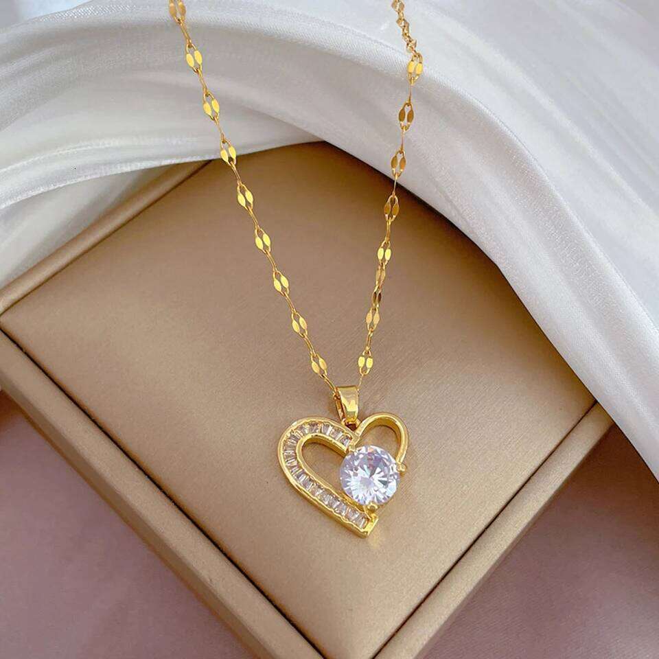 ZAKOL Exquisite Clear Zircon Heart-shaped Pendant Necklace for Women Gold Color Titanium Steel Chain Love Jewelry Gift