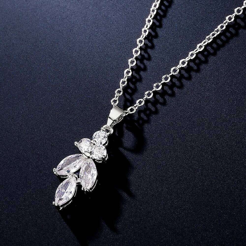 Classic Shinny Cubic Zirconia Leaf Dangle Earrings Necklace Set for Women Elegant Bridal Wedding Party Jewelry Dress