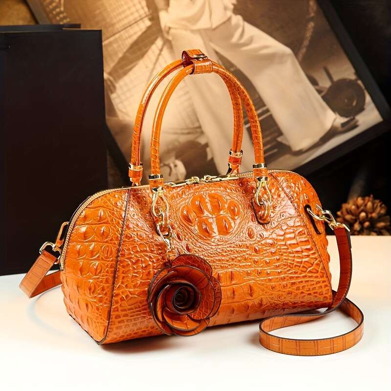 JINXIANGGUO Vintage Crocodile Pattern For Women Fashion Shoulder Handbag With Adjustable Strap Zipper Closure Polyester Lined Edge Paint Detail Multip