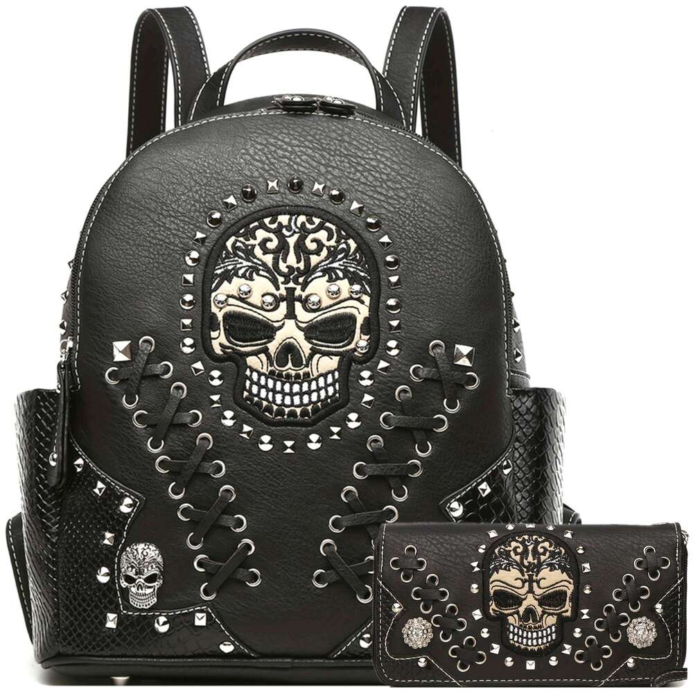 JINXIANGGUO Sugar Skull Punk Art Studded Motorcycle Women S Fashion Python Backpack Crossbody Bag Wallet Black Set Ideal Christmas Gift