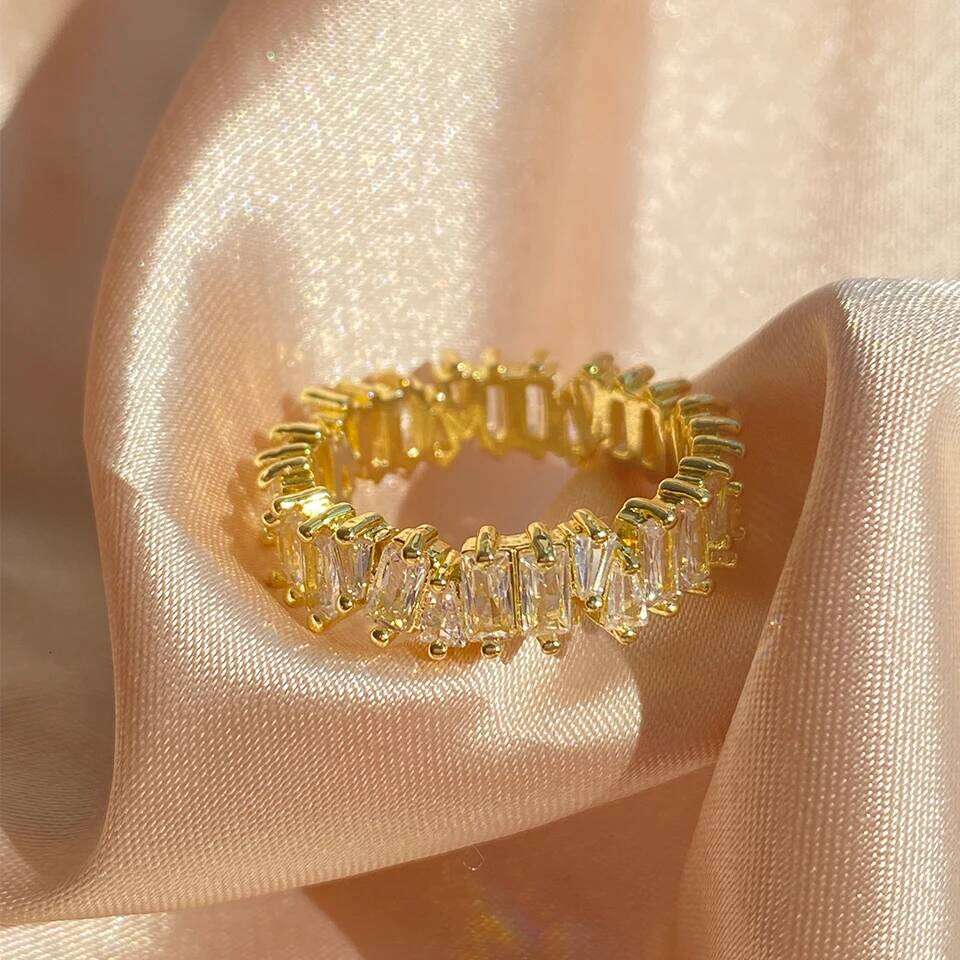 Classic Baguette Cubic Zirconia Engagement Rings for Women Luxury 18K Gold Color Plated Wedding Party Jewelry