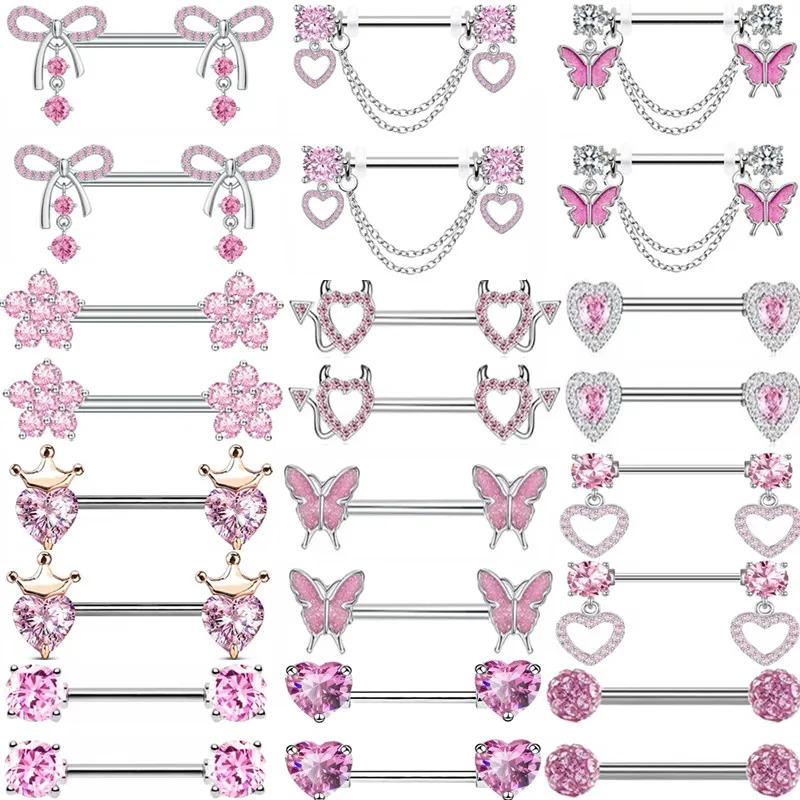 1Pair Pink Butterfly Nipple Piercing Jewelry Shiny Crystal Nipple Rings For Women Girls Heart Nipple Barbells Piercing Pezon 251224