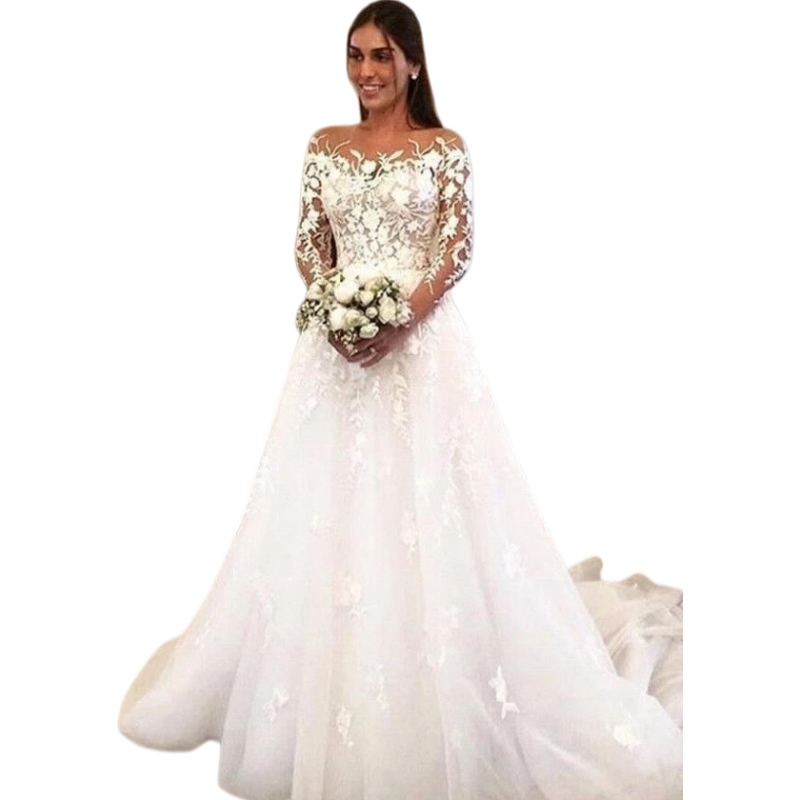 Pretty A-Line Wedding Dresses Lace Appliques Long Sleeves Garden Bridal Gowns Back Buttons Court Train Country Vestidos De Novia 2026