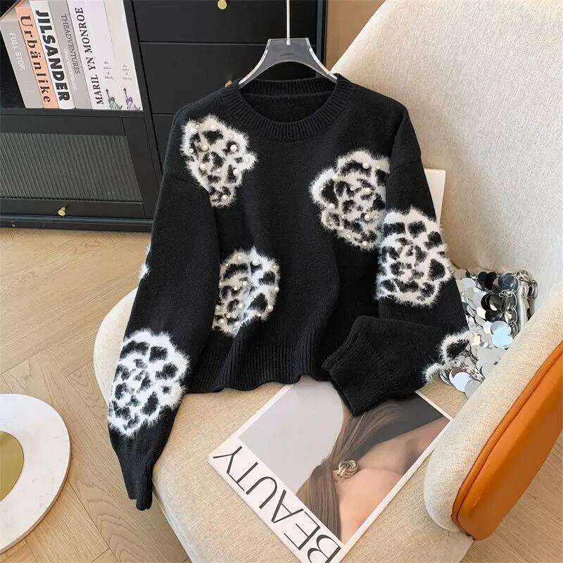 Vintage Beading Flower Embroidery Sweater Women Autumn Winter O Neck Loose Long Sleeve Pullover Fashion Knitted Tops