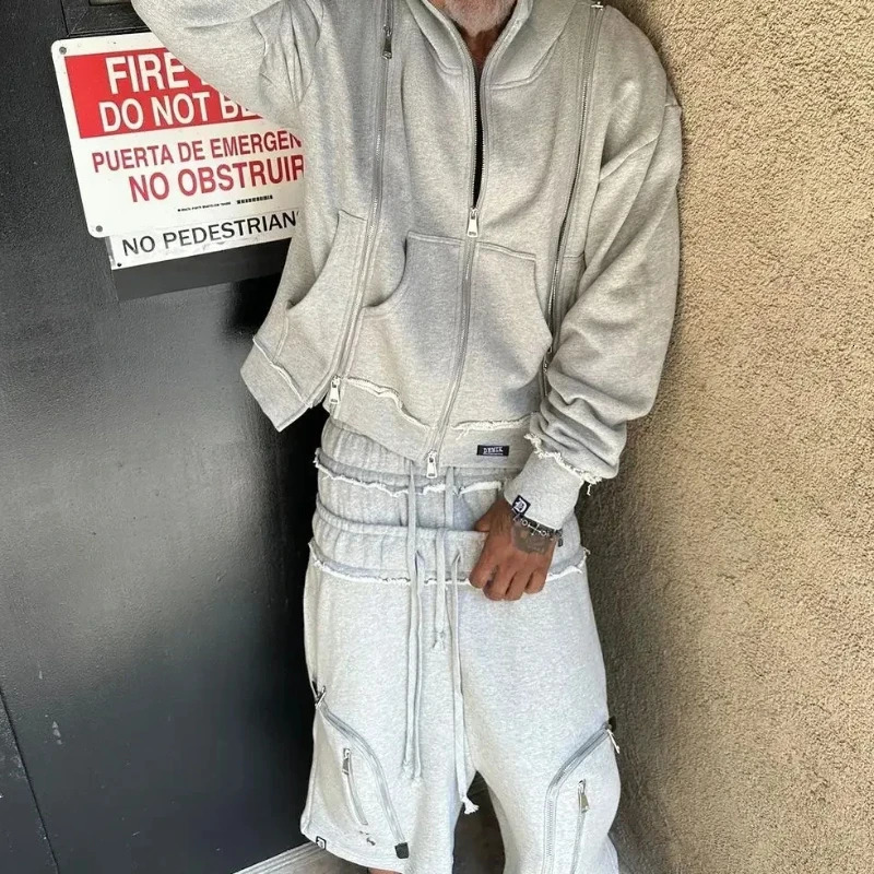 Black zippered double-sleeved shorts suit hooded sweatshirt sports suit American high street casual patchwork jacket 251223