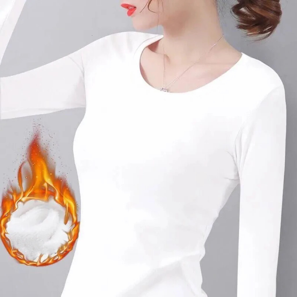 1pc Autumn Winter Longsleeved Tshirt Lady Thermal Underwear Thick Velvet Slim Fit Fashion Style Roundneck Top 251225