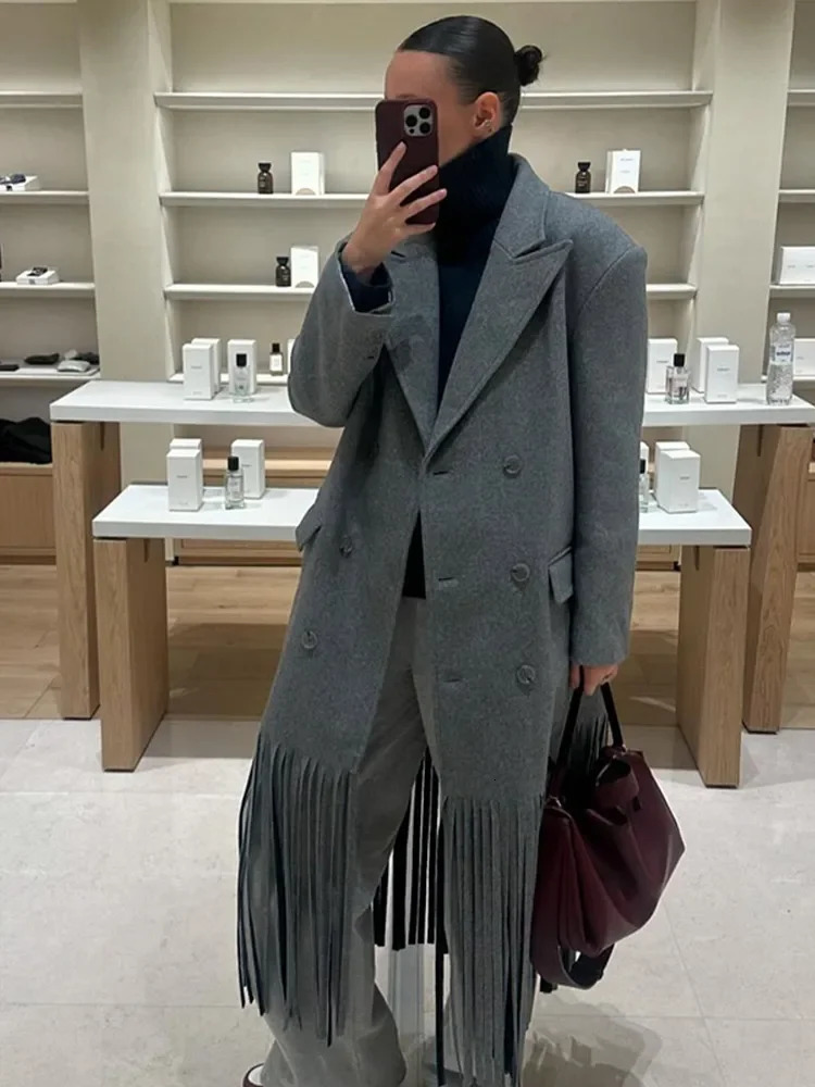 Grey Tassel Hem Woolen Blend Overcoat Women Elegant Lapel Double Breasted Full Sleeve Warm Loose Long Coat 2025 Commute Outwear 251216
