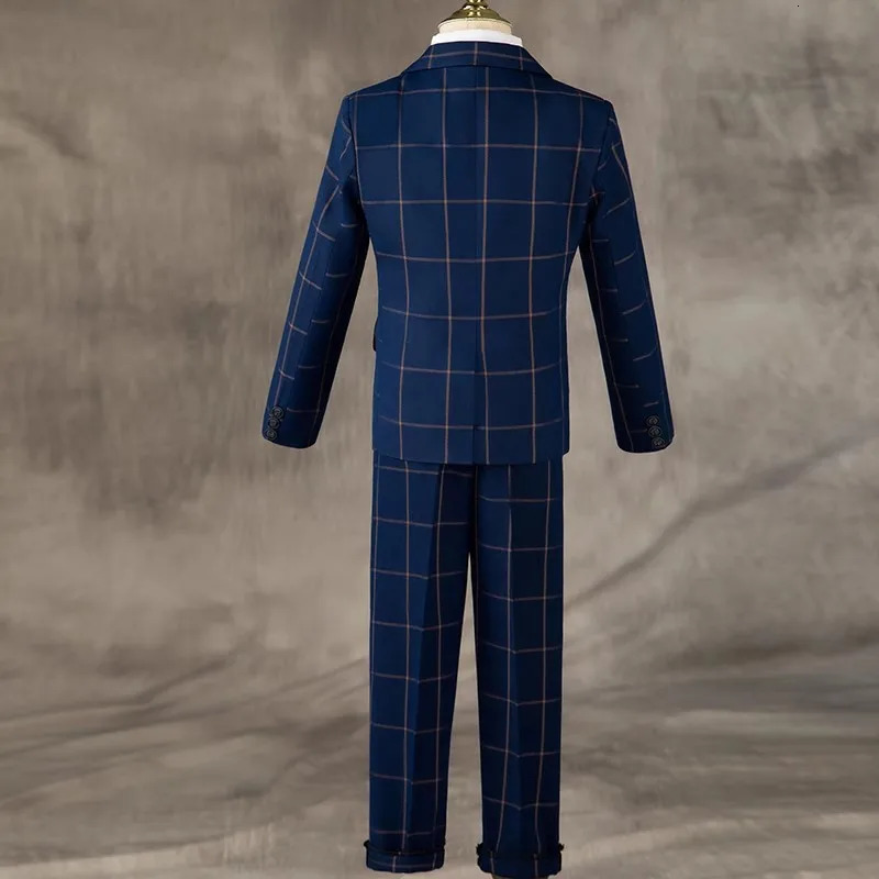Boys Formal Navy Plaid Suits Set Children Host Piano Performance Birthday Party Pography Costume Kids Blazer Pants 251218