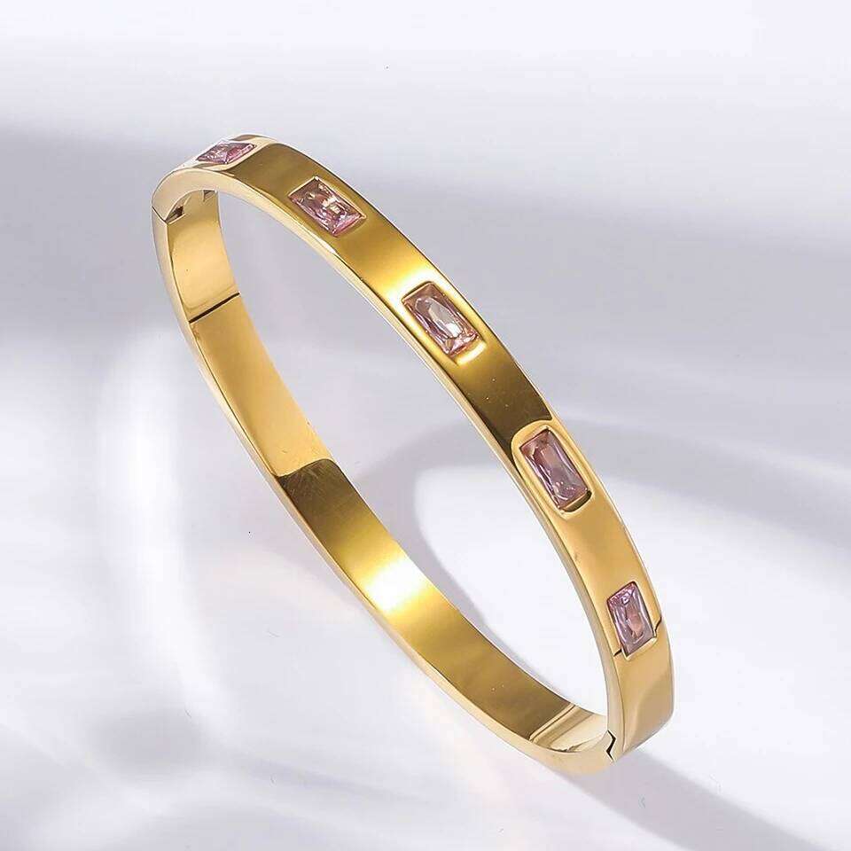 ZAKOL 5pcs/1pcs Pink Crystal Zircon Inlaid Stainless Steel Bracelet Charm Stacked Bracelets Fashion Non-fading Jewelry Gift