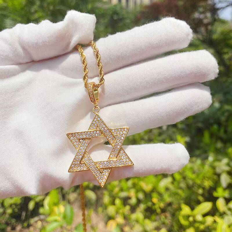 European and American Six Star Micro-inlaid Mens Necklace Star of David Hip Hop Pendant and Hot