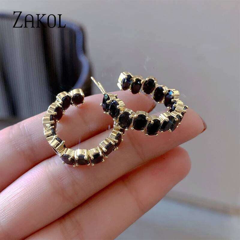 ZAKOL New Arrivals Black Geometric Zirconia CC Earrings Korean Fashion Jewelry for Women Girls