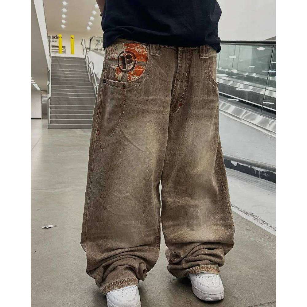 Y2K American Fashion New Oversize Letter Embroidered Yellow Washed Baggy Jeans Men Vintage Gothic Popular Casual Wide-leg Pants