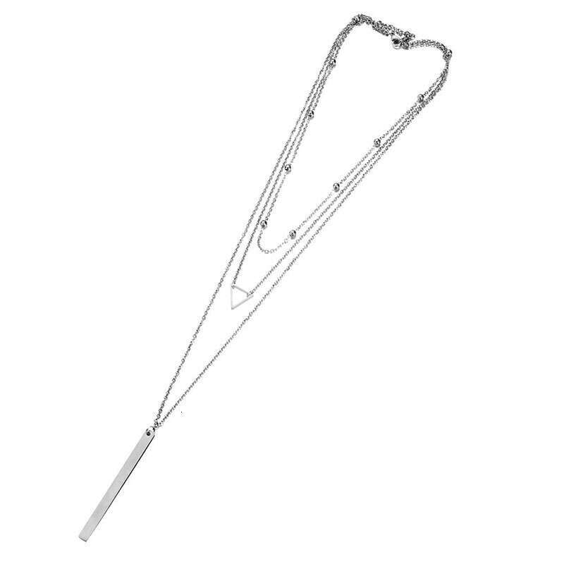 Cross-Border Jewelry Simple Fashion Round Bead Necklace Geometric Triangle Bar Long Pendant Three-Layer Chain