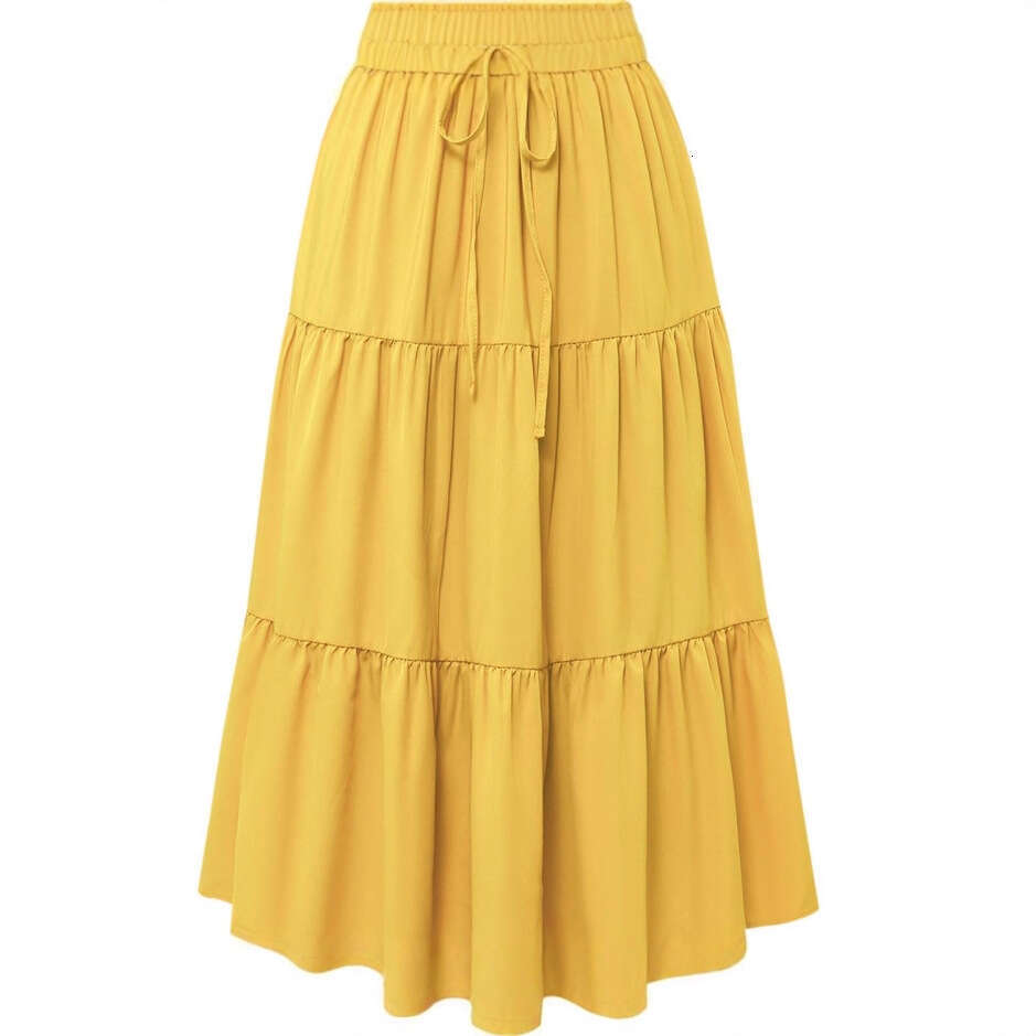 Women's Tiered Maxi Skirt Elastic Waist Drawstring Long Skirt for Casual Daily Wear Ruched Elastic Pocket Skirt Patchwork