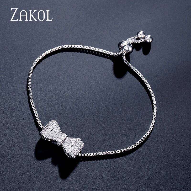 ZAKOL Fashion Bow Zirconia Crystal Adjustable Bracelet & Bangle for Women Brilliant CZ Party Jewelry