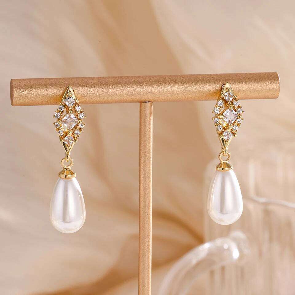 ZAKOL Fashion Geometric Zircon Teardrop Pearls Bridal Earrings Sliver Gold Color Banquet Party Accessories Jewelry Gift