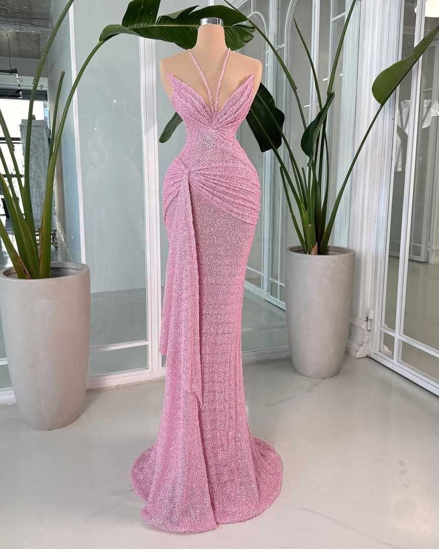 Sexy Halter Sequined Prom Dresses Sparkly Sleeveless Lace Evening Dress Customized Floor Length Party Cocktail Gown