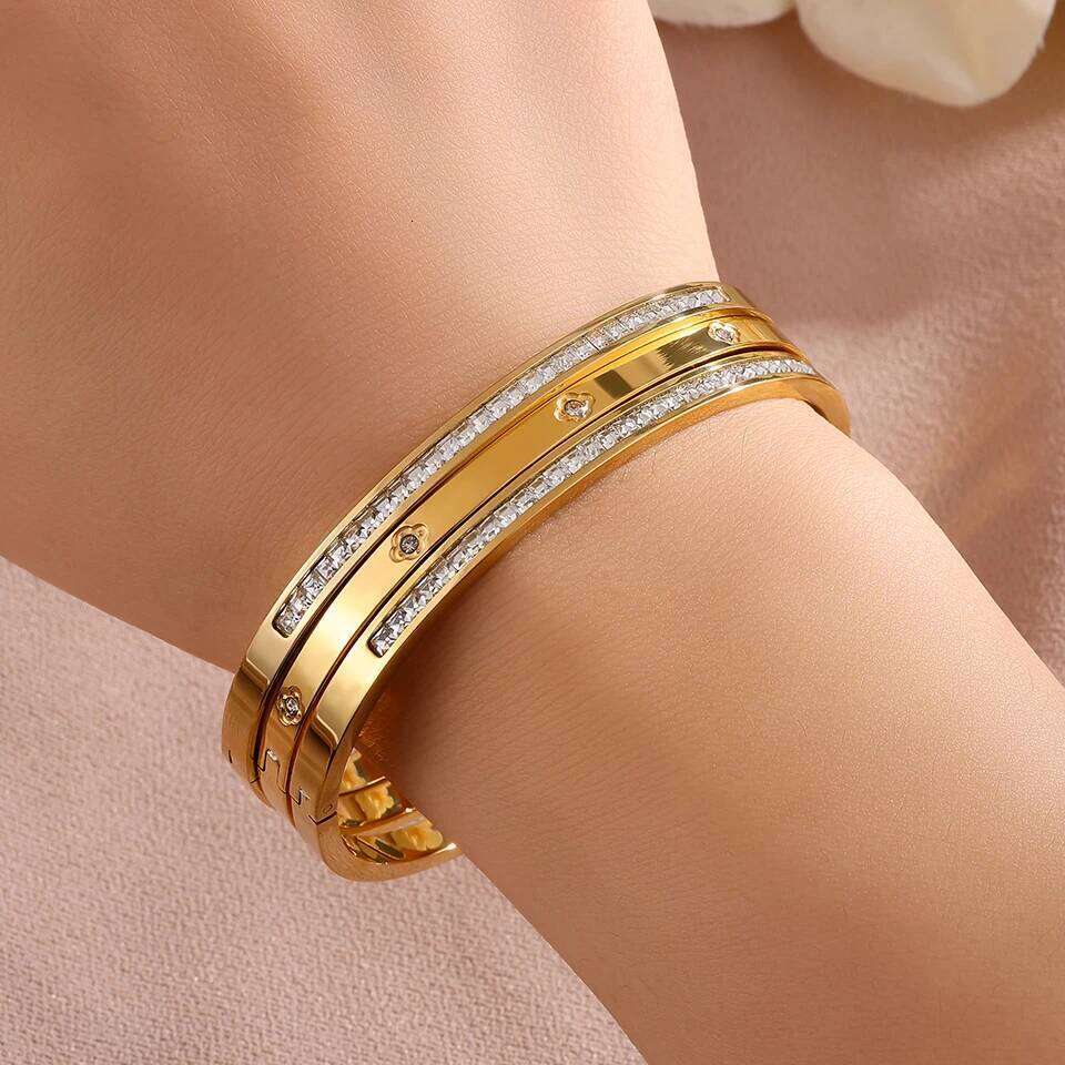 ZAKOL 3pcs Classic Stainless Steel Bracelet for Women Sliver/Gold Color Shiny Zircon Inlaid Non-fading Stacked Jewelry