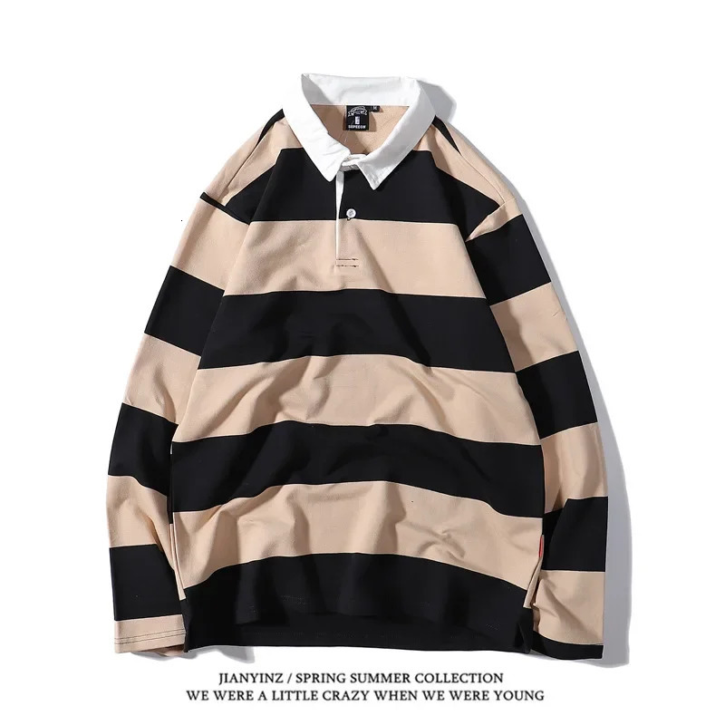 Color blocking striped print mens polo shirt autumn business casual long sleeved top comfortable breathable loose lapel Tshirt 251219