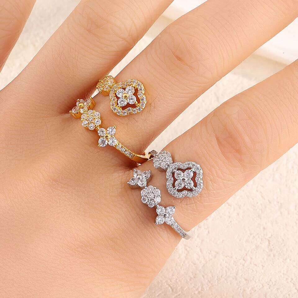 ZAKOL New Fashion Zircon Inlay Four-leaf Flower Design Open Ring For Women Exquisite Shiny CZ Niche Jewelry Gift