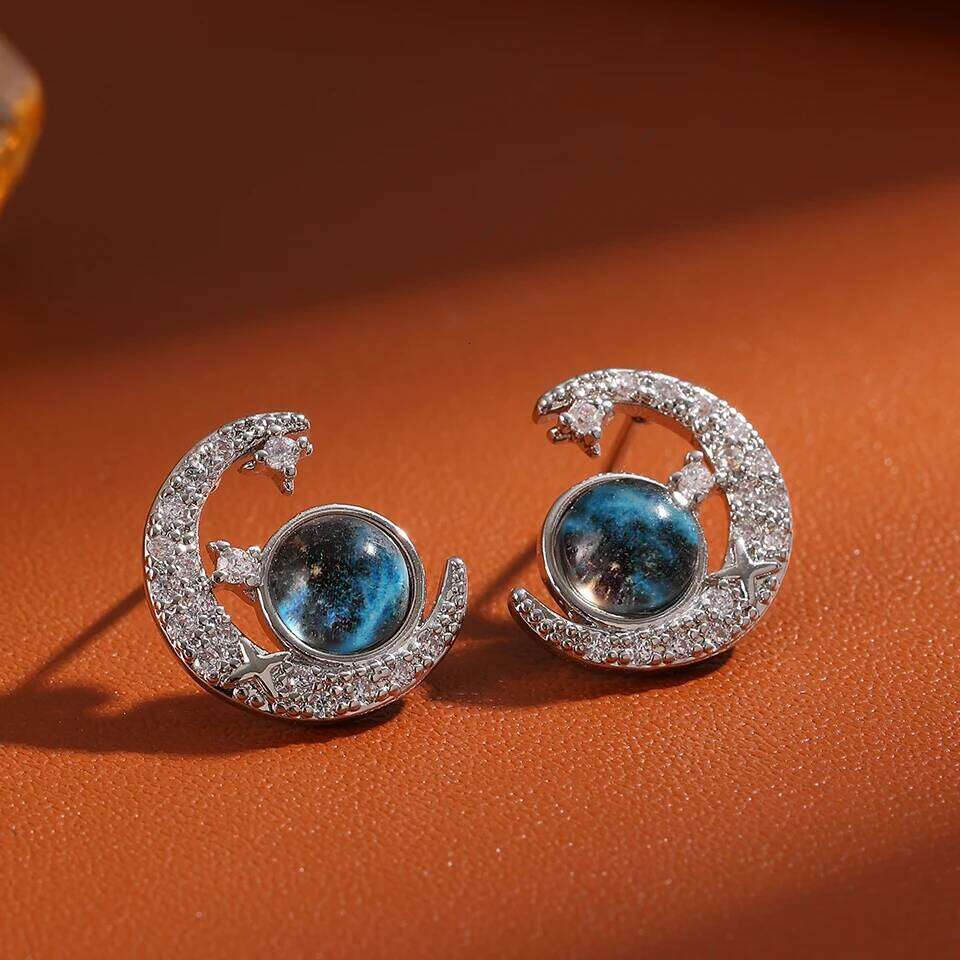 ZAKOL New Blue Planet Moon Astronaut Cubic Zirconia Stud Earrings for Women Fashion Party Jewelry Ear Accessories Gift