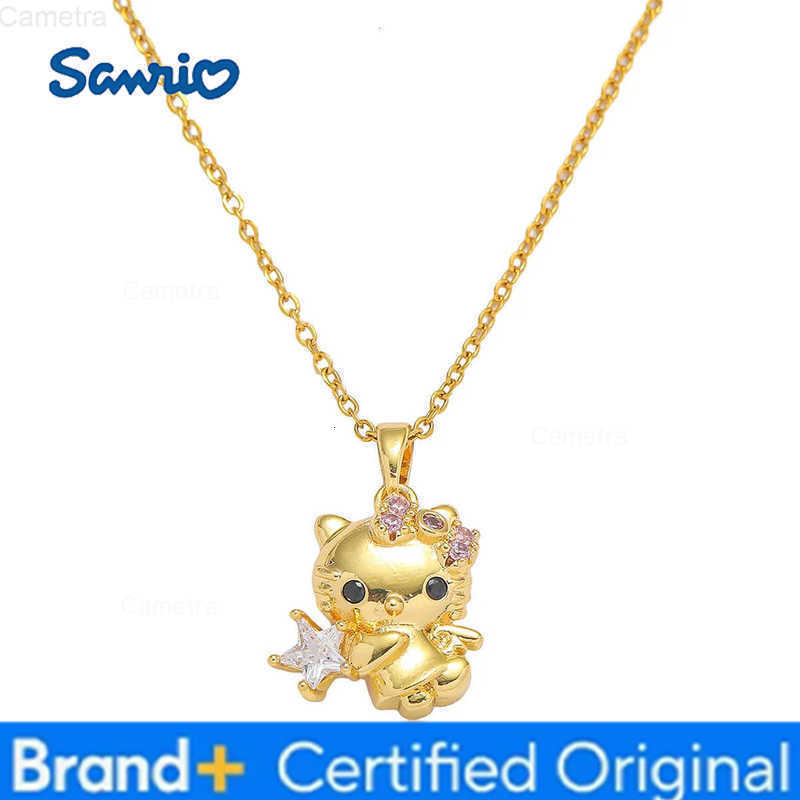 Sanrio Cartoon Lovely Zircon Star Hello Kitty Pendant Necklaces for Women Girls Gold Color Stainless Steel Chain Jewelry Accessories H251229