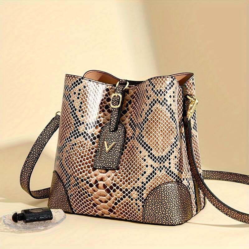 JINXIANGGUO Pc Color Block Gradient Snake Print Fabric Tote Bucket Women Large Capacity Multi Pocket Handheld Crossbody Bag For Daily Use