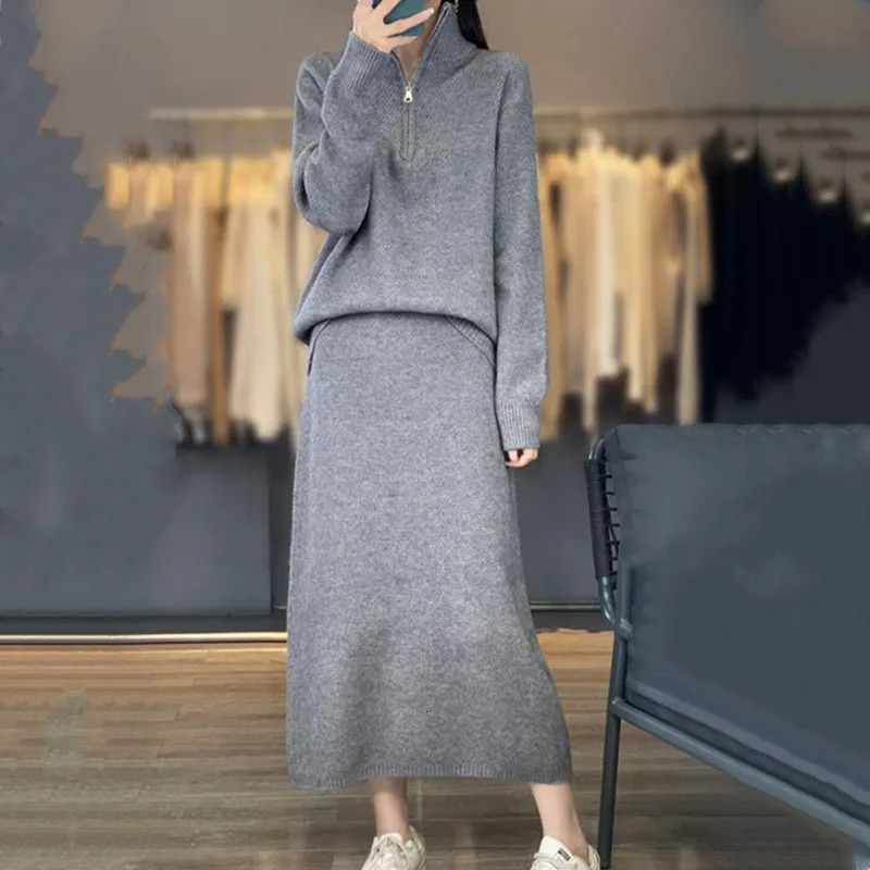 Autumn and Winter Korean Edition Fashion Set Stand up Collar Zipper SweaterSkirt Slimming Two Piece Set 251219