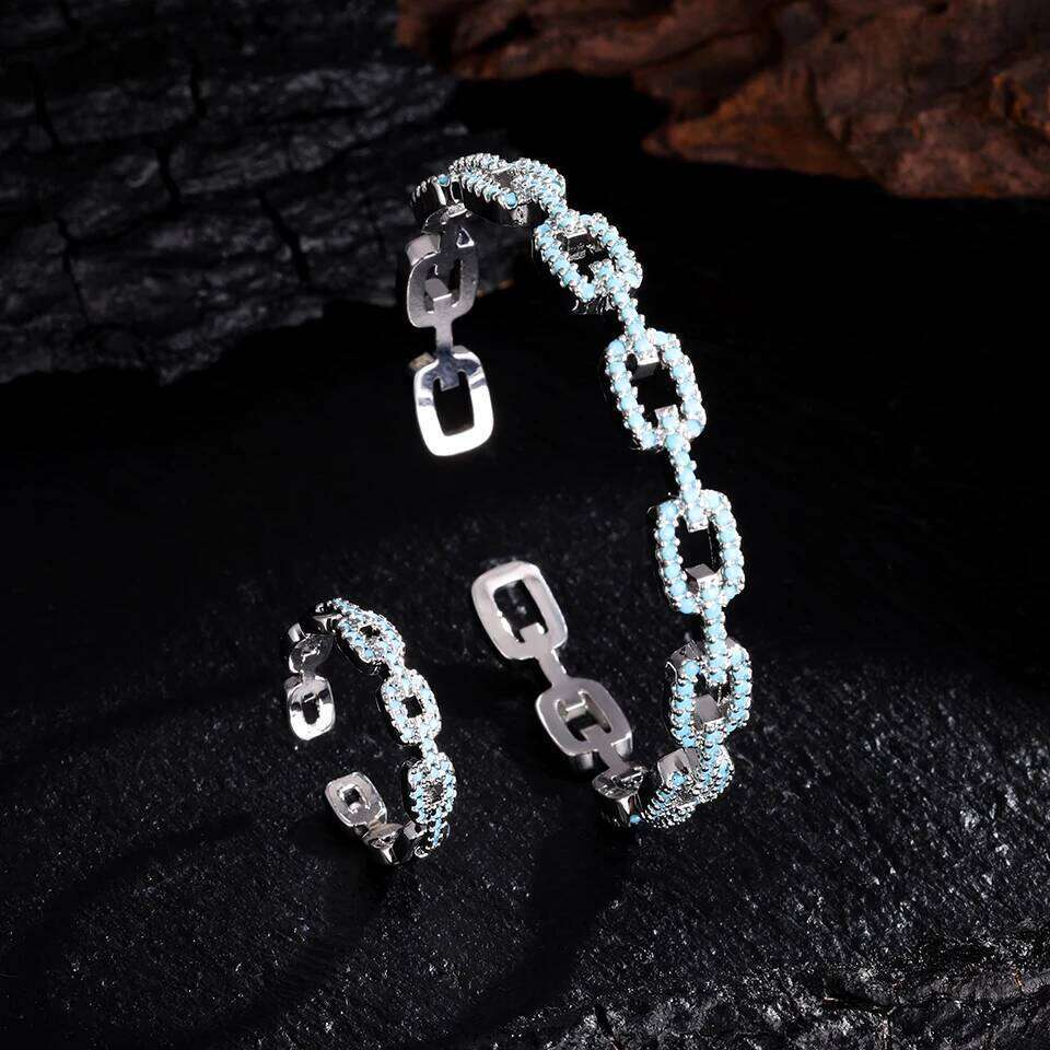 ZAKOL New Niche Design Turquoise CC Shape Open Bracelet Ring Set for Women Buling Zircon Exquisite Wedding Party Jewelry