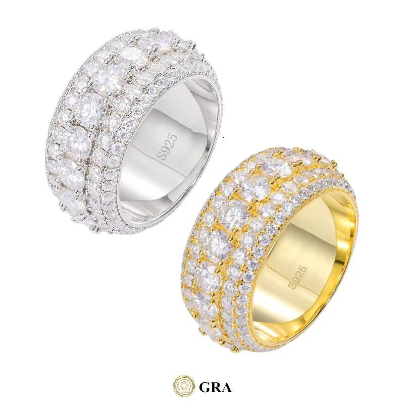 Classic 5 Row Moissanite Iced Out Ring Gra Certified S925 Sterling Silver Gold Plated Hiphop Moissanite Ring Men