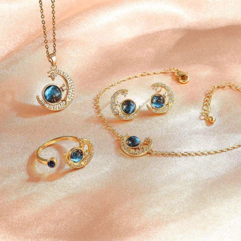 ZAKOL 5pcs Blue Space Planet Moon Zircon Jewelry Set Sliver Gold Color Stainless Steel Bracelet Necklace Ring Earrings Gift