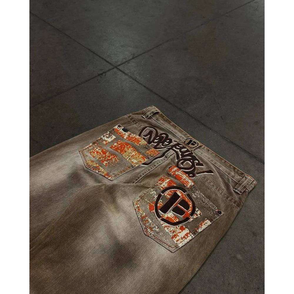 Y2K American Fashion New Oversize Letter Embroidered Yellow Washed Baggy Jeans Men Vintage Gothic Popular Casual Wide-leg Pants