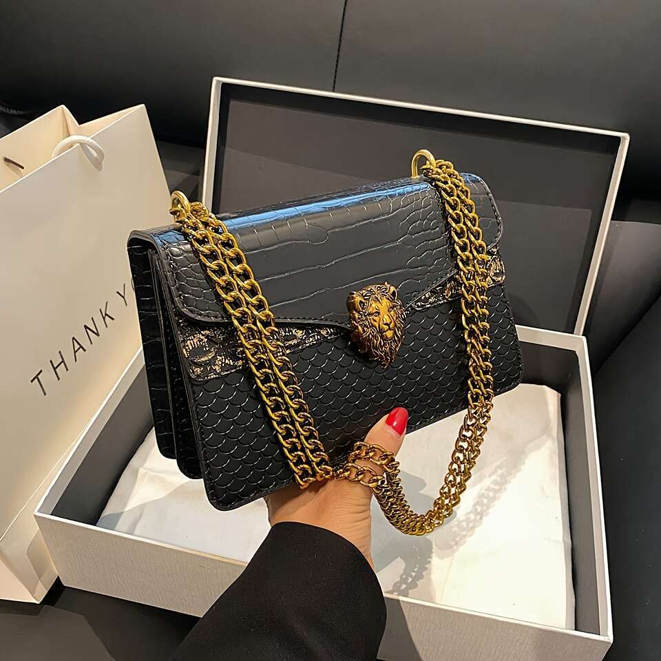 JINXIANGGUO Crossbody Crocodile Print Women S New Fashion Versatile Stylish Vintage Small Square Shoulder Bag With Chain