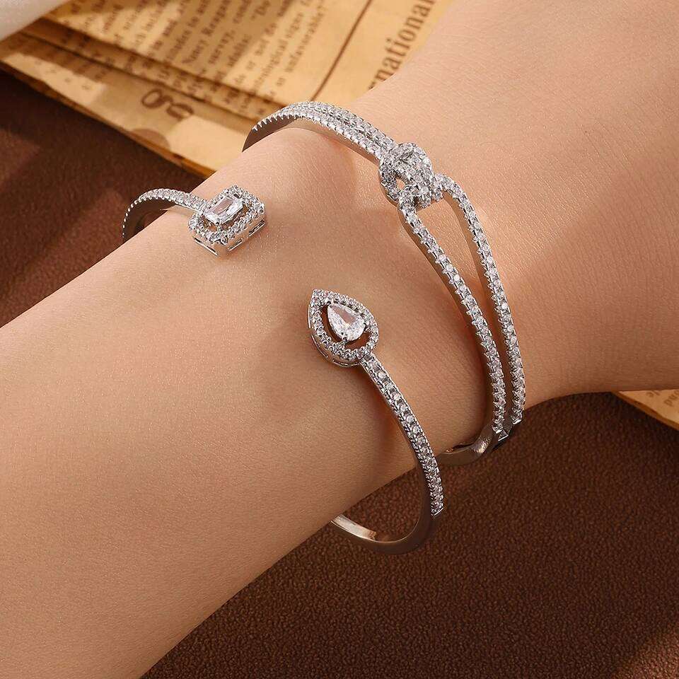 ZAKOL 2 Pcs Brilliant AAA Cubic Zirconia CC Shape Open Bracelet Water Drop Crystal Zircon Bangle Women's Wedding Jewelry