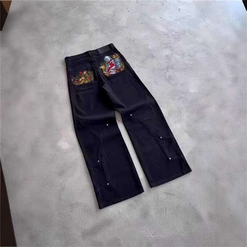European and Cross-Border American High Street Fashion Trendy Style Jeans Elastic Versatile Embroidered Vintage Personality Straight Long Pants