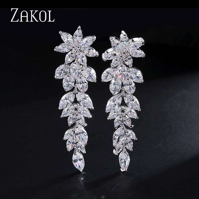 ZAKOL Luxury Marquise Cluster Flower Shape Cubic Zirconia Long Dangle Drop Earrings for Brides Wedding Jewelry