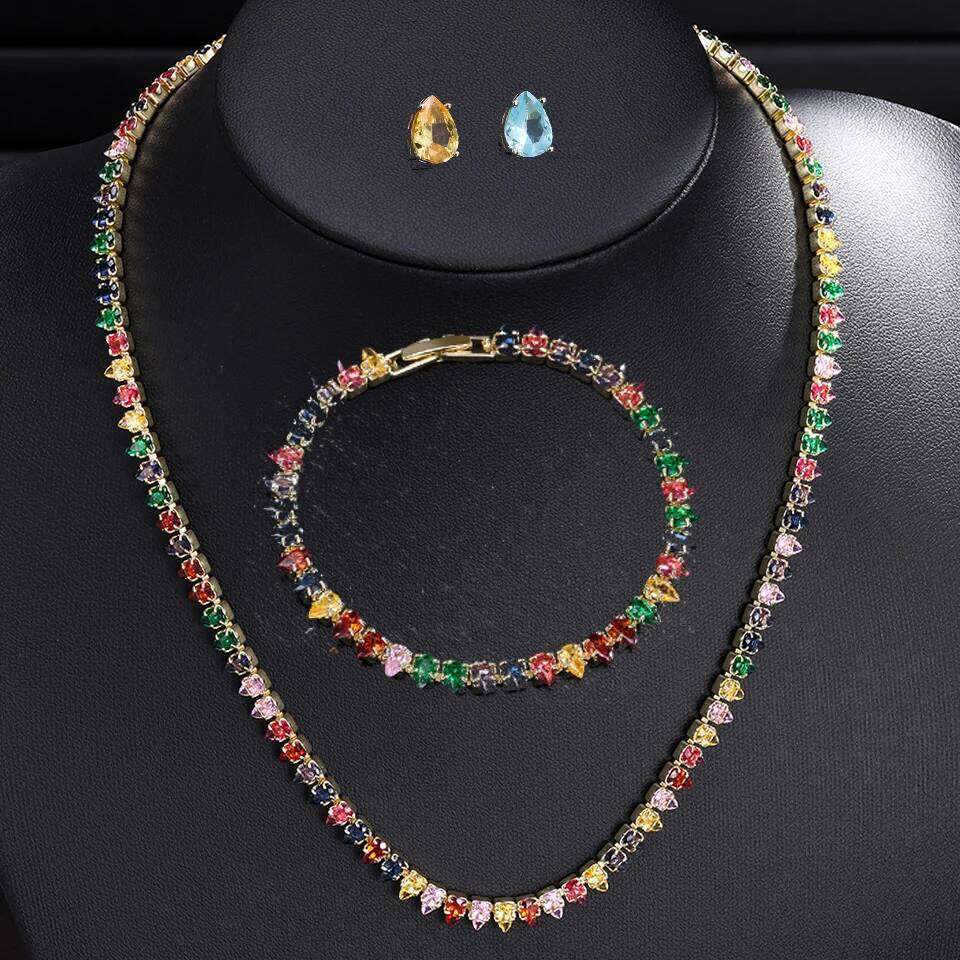 ZAKOL New Colorful Water Drop Cubic Zirconia Tennis Bracelet Necklace Earrings Set for Women Elegant Wedding Jewelry