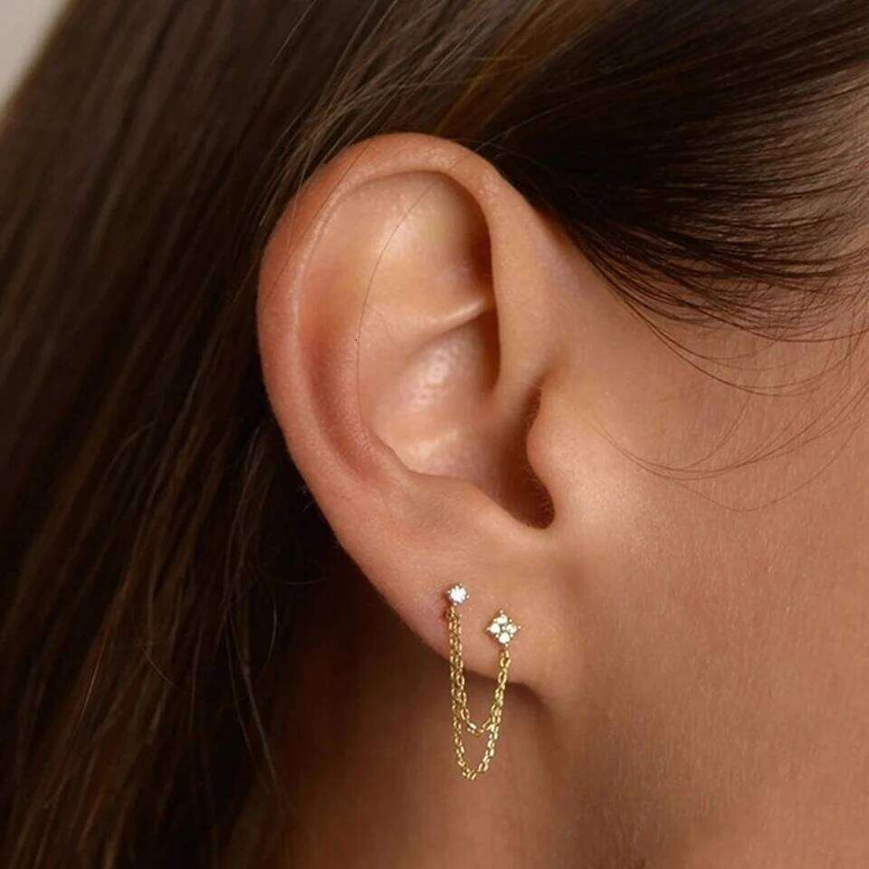 ZAKOL 1 Pair Colored Zircon Four-leaf Flower Stud Earrings Piercing Chain Helix Tragus Cartilage Ear Accessories for Women