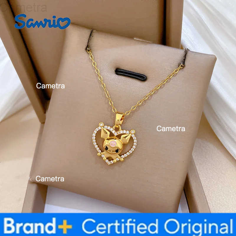 Sanrio Stainless Steel Chain Necklace Cute Kuromi with Zircon Love Heart Pendant Necklace for Women Girls Cartoon Jewelry Gifts H251229