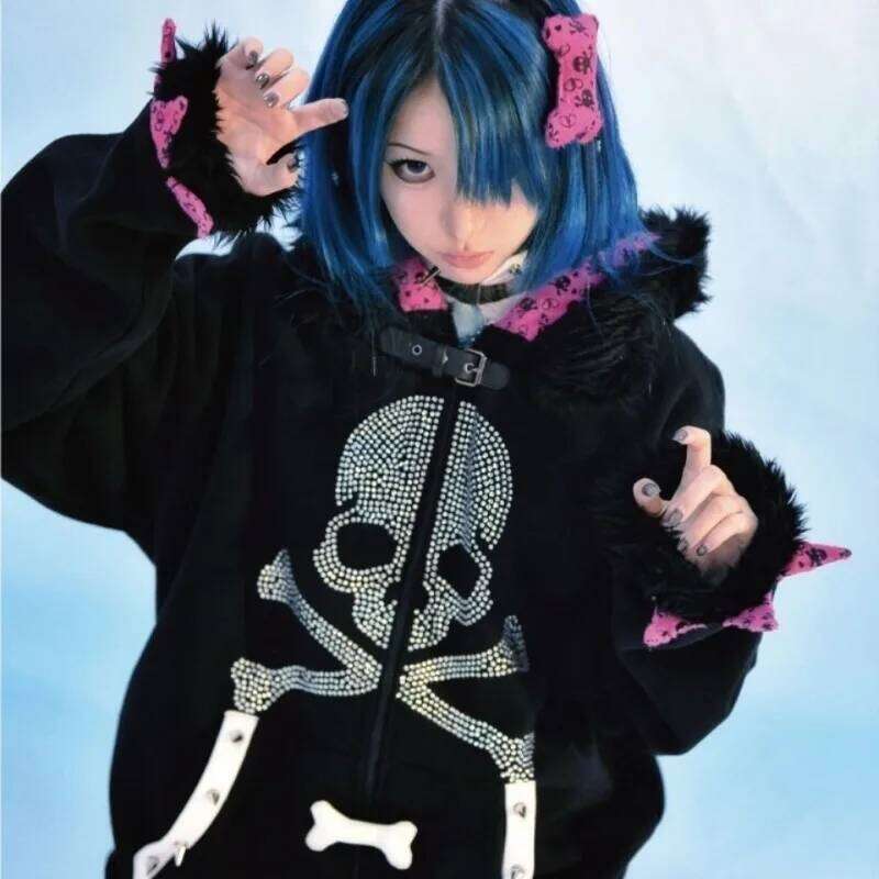 Gothic Y2K Hoodied Jackets Women Harajuku Fashion Hooded Coats Skull Thicked Casual Black Tops Winter Sweatshirts Punk Hoodie Zhehan