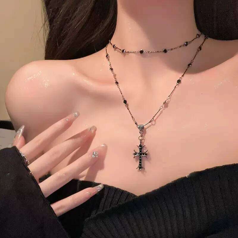ZAKOL Neo-Gothic Cross Zirconia Necklaces For Women Girls Black Crystal Crucifix Clavicle Chain Choker Jewelry Festival Gifts