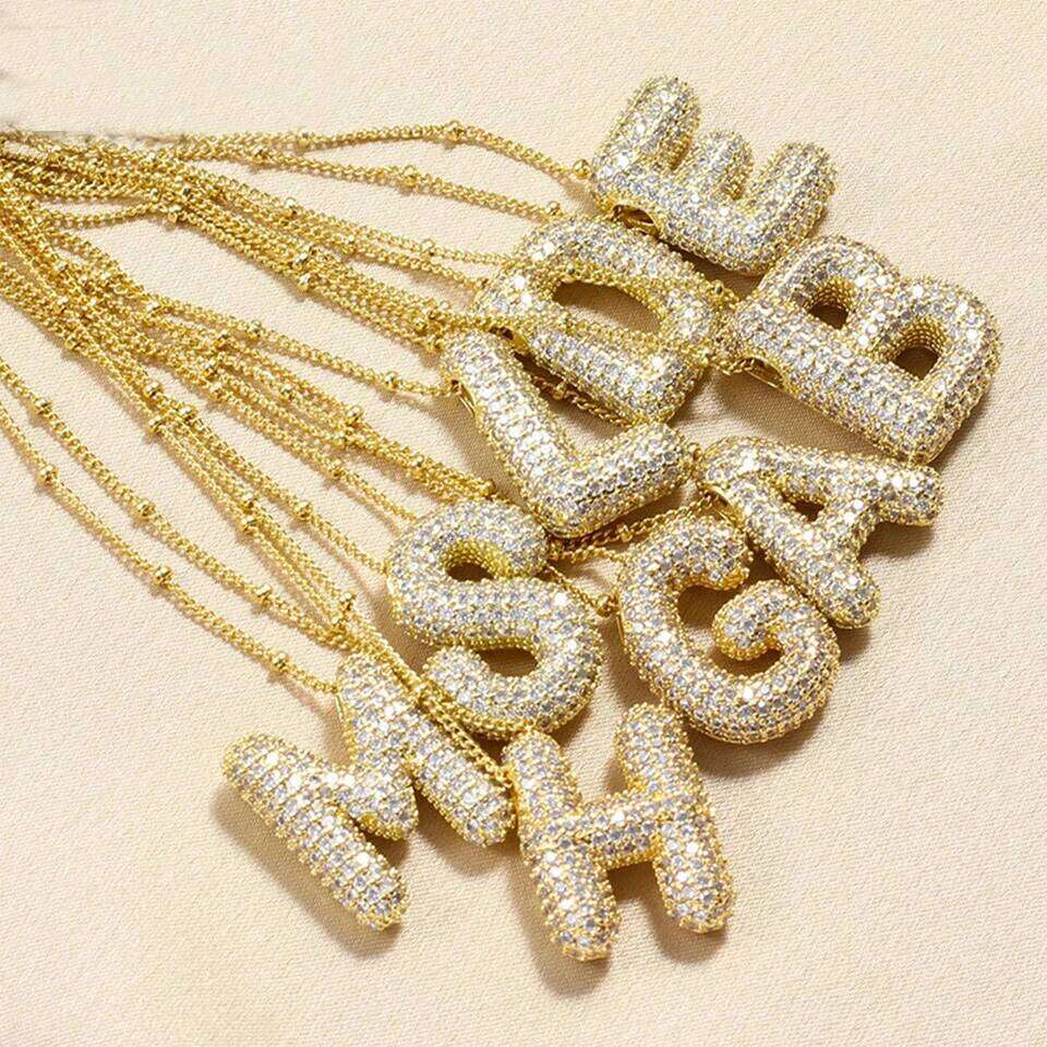 ZAKOL Chunky Cubic Zirconia Gold Plated Bubble Alphabet Letter Monogram Balloon Initial Necklace Women Gifts