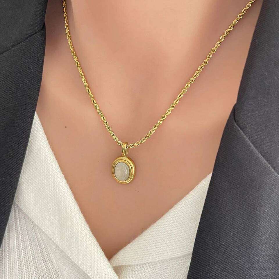 ZAKOL 316L Stainless Steel Oval Black White Stone Pendant Necklace For Women Gold Color Twist Rope Chain Stacking Jewelry
