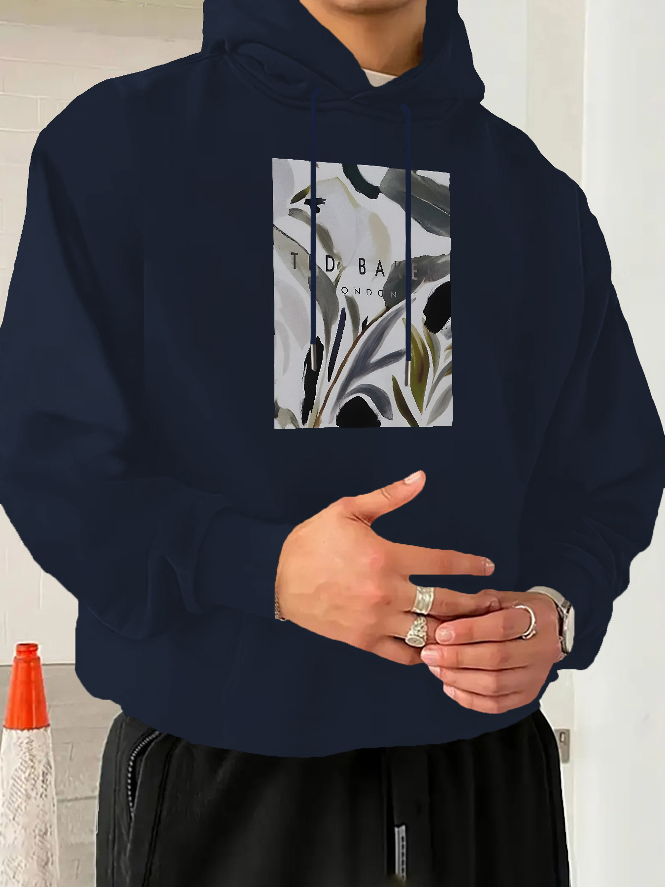 Men's Casual Graphic Print Hoodie - Soft Polyester Blend Long Sleeve Pullover with Front Pocket, Navy Blue Abstract Floral & Geometric Design, Ma