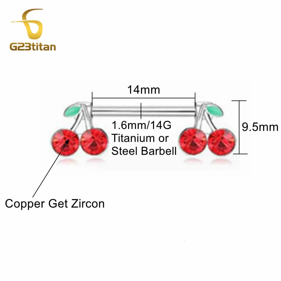 2pcs 14G Barbell Sweet Cute Cherry Shaped Zircon Breast Ring For Women Body Piercing Sexy Nipple Ring Jewelry Ornament 251224