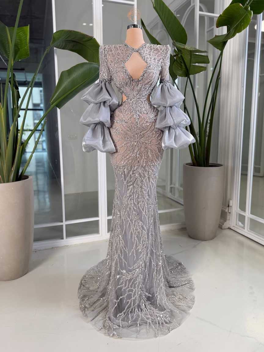 Silver Beading Cocktail Prom Dresses Elegant Puffy Long Sleeves Mermaid Evening Dresses Party Gown Robes De Customized