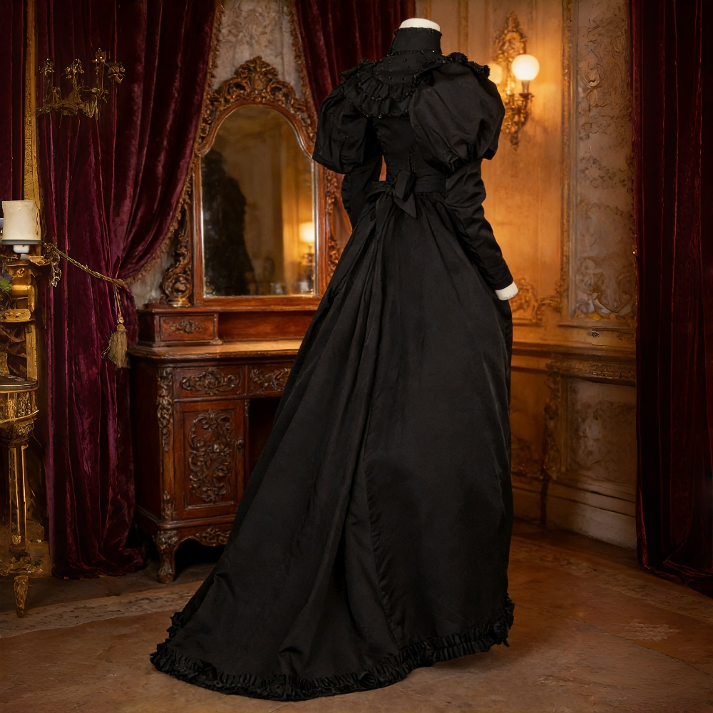 Medieval Black Gothic Prom Dresses Beade High Collar Long Sleeves Vintage Victorian Evening Gowns Bow Sash Ruched Ruffled Satin Special Occasion Dress